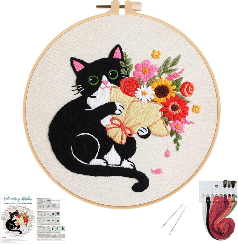 Nuberlic Black Cat Flowers Embroidery Kits for Beginners, DIY Cross Stitch Starter Craft Kits for Adults Including Cloth with Pattern, Hoop, Needles Instruction and Threads - Image 1